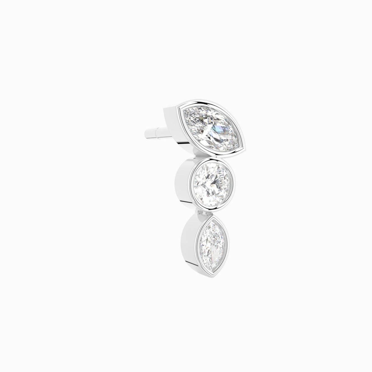 Asymmetrisk diamant ørering i 18 kt hvidguld med marquise- og brillantsleben diamant – visning fra siden