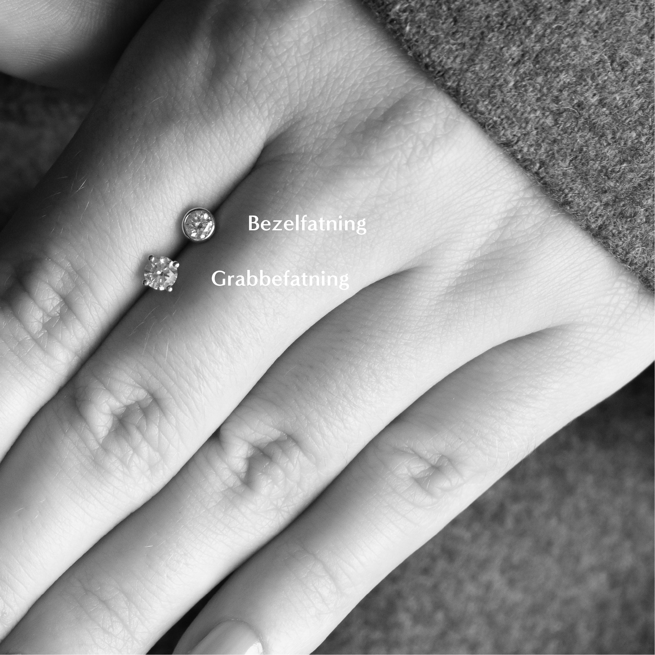 Sammenligning af grabbefatning og bezelfatning på Solitaire ørestikker i 18 kt hvidguld