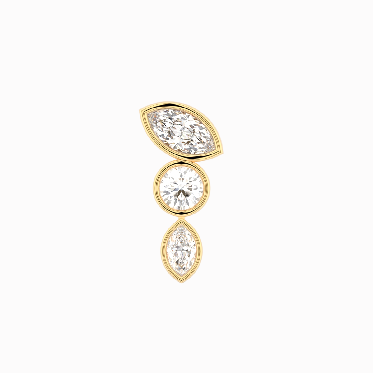 Bezel asymmetrisk ørering i 18 kt guld med marquiseslebne og brillantsleben diamanter på i alt 0,33 ct – nærbillede