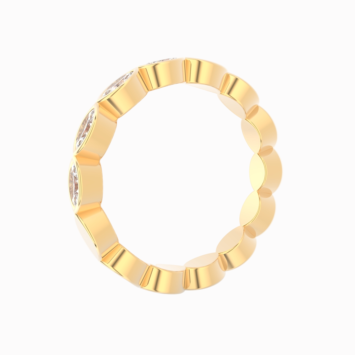 Ring i 18 kt guld med marquiseslebne diamanter og bezel-fatninger – visning fra siden