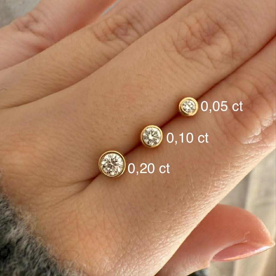 Bezel-fatninger størrelse vist side om side på diamant ørestikker i 18 kt guld
